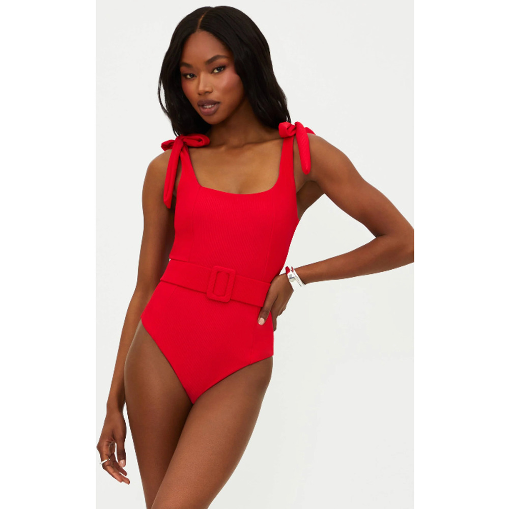 Beach Riot Red Tie-Shoulder One-Piece Swimsuit with Belt